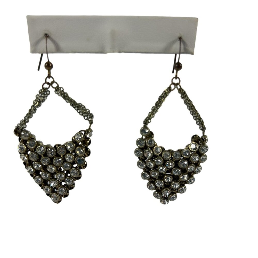 Silver Tone Clear Rhinestones Dangle Earrings Mesh Dressy Wedding Bridal Evening